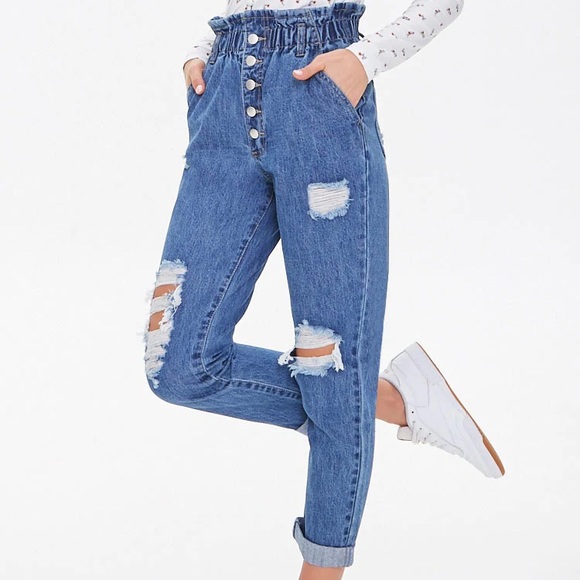 Distressed High Waisted Paper Bag Jeans 